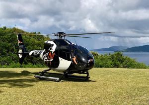 a black and white helicopter parked in a field at Le Château de feuilles in Baie Sainte Anne