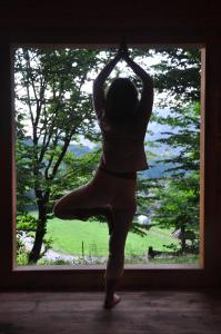 a woman doing yoga in front of a window at Krolowo Apartment in Tylmanowa