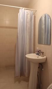 La salle de bains est pourvue d'un rideau de douche blanc et d'un lavabo. dans l'établissement HQ of Nove Sujashvili, à Kazbegi