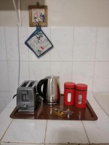 a kitchen counter with a toaster and two red cups at ChriZelo Self Catering unit in Upington