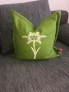 ein grünes Kissen mit einer Blume auf der Couch in der Unterkunft Haus am Wald in Neustift im Stubaital