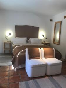 a bedroom with a bed and a chair and a mirror at Finca Santana in Cachí