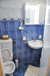 Zvekir - Old Town Apartment في سراييفو: حمام من البلاط الأزرق مع مرحاض ومغسلة