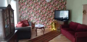 a living room with a couch and a tv at Theodori Holiday House in Pärnu
