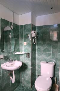un bagno piastrellato verde con servizi igienici e lavandino di Saba a Shekhvetili