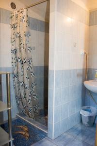 a shower with a shower curtain in a bathroom at The Hideaway in Želiv