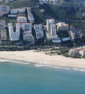 an aerial view of a beach with buildings and the ocean at La Calita del Versalles in Cullera