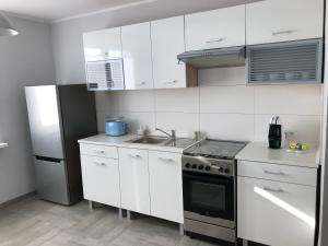 シュフィドニツァにあるAPARTAMENT KILIŃSKIEGO 9の白いキャビネット、シンク、冷蔵庫付きのキッチンが備わります。