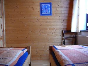 捷克布杰约维采Apartmány Hlava的一间卧室，有两张床和一面木墙