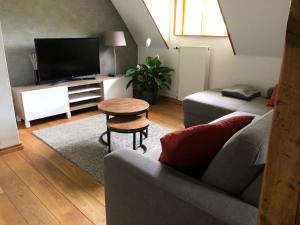 a living room with a couch and a tv at Haus Onel in Schmallenberg