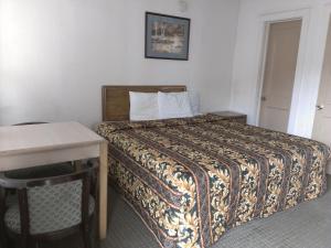 Habitación de hotel con cama, mesa y escritorio. en Beachtree Motel en Galveston