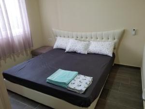 Schlafzimmer mit einem Bett mit blauen und weißen Kissen in der Unterkunft Beach Garden Home, Lalzi Bay in Durrës