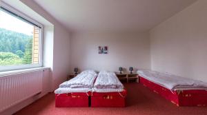 two red beds in a room with a window at Apartmány Stříbrnice in Staré Město