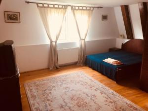 - une chambre avec un lit et une fenêtre avec un tapis dans l'établissement Casă de vacanță Cheia, à Cheia