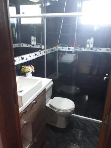 a bathroom with a toilet and a sink at Casa ampla com vista para as montanhas com piscina in Nova Friburgo