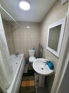 a bathroom with a sink and a toilet and a bath tub at London Zone 2 Three Bedroom Apartment in London +33 photos