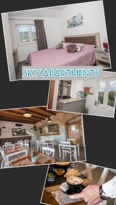 eine Collage mit Fotos von einer Küche und einem Schlafzimmer in der Unterkunft Sky Apartments in Čilipi
