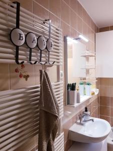 a bathroom with a sink and a toilet and a mirror at Apartments Mojstrana - Kekec in Mojstrana