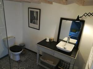 uma casa de banho com um lavatório, um WC e um espelho. em La Petite Maison em Laroque-Timbaut