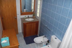 a blue tiled bathroom with a toilet and a sink at Cantinho do Bouço Velho in Couto de Baixo +6 photos