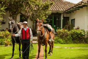 um homem andando dois cavalos em frente a uma casa em Posada Ingapirca em Ingapirca