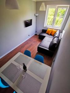 - un salon avec un canapé et une table dans l'établissement Apartment Cyprys 1, à Oświęcim