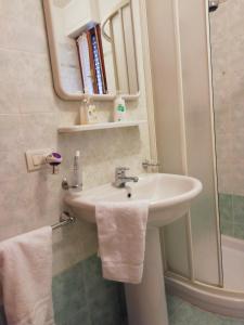 uma casa de banho com um lavatório, um espelho e um chuveiro em le terme sotto casa 2 free em Rapolano Terme