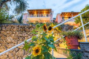 a garden with sunflowers in front of a building at Villa Maria Makri in Paleokastritsa