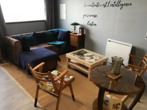 - un salon avec un canapé et une table dans l'établissement Le Bouquiniste, atypique, cosy, fibre, BedinShop, à Romans-sur-Isère