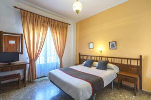 - une chambre avec un lit, un bureau et une télévision dans l'établissement HOTEL RESTAURANTE MOYA, à Monesterio
