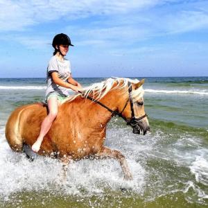 a young girl riding a horse on the beach at Babie Lato in Włodarka