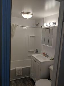 a bathroom with a shower and a sink and a toilet at Clarence Inn Extended Stay in Clarence Center