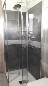 een douche met een glazen deur in een badkamer bij B&B Carmen in San Giovanni Bianco