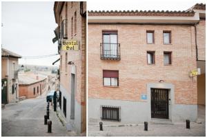 dos fotos de un edificio de ladrillo y una calle en Hostal Sol, en Toledo