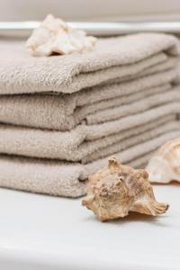 a pile of towels and a shell on a table at Apartment Amber Sky in Palanga