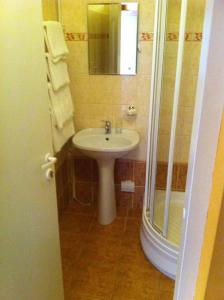 y baño con lavabo y ducha. en Guest House Guba, en Molėtai
