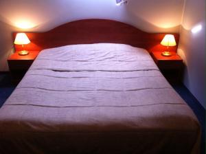 1 dormitorio con 1 cama grande y 2 lámparas en Guest House Guba en Molėtai