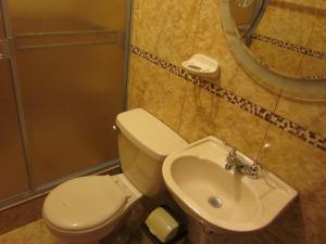 y baño con aseo, lavabo y espejo. en Challapampa Apart Arequipa, en Arequipa
