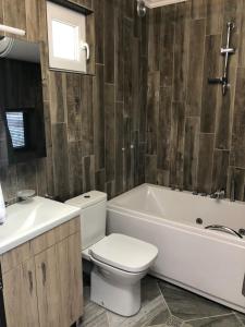 a bathroom with a toilet and a tub and a sink at Villa SUNRISE in Dospat +79 photos