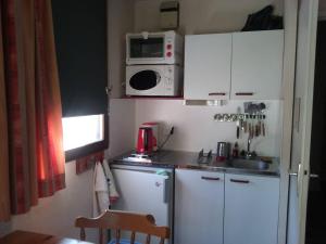 a small kitchen with white cabinets and a microwave at Le Petit Som de Saint Pierre de Chartreuse in Saint-Pierre-de-Chartreuse +26 photos