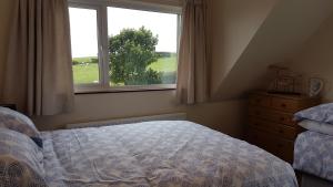 a bedroom with a bed and a window at Tornabodagh House in Ballycastle