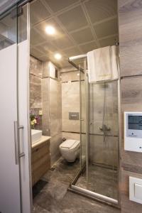 イスタンブールにあるNida Hotel Laleliのバスルーム(ガラス張りのシャワー、トイレ付)