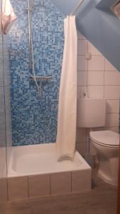 ein Bad mit einem WC und einer Dusche mit einem Duschvorhang in der Unterkunft Im Baumhaus in Roth
