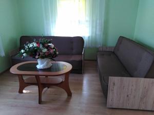 a living room with a couch and a table with flowers at Zaciszny Zakątek in Drohiczyn