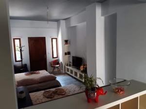 a bedroom with a bed and a desk in a room at Anastasis garden room in Kalamata