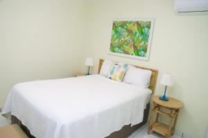 
a bedroom with a bed, a desk and a painting on the wall at Buena Vida Apartments in Rincon
