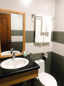 ein Badezimmer mit einem Waschbecken, einem WC und einem Spiegel in der Unterkunft Hoài Thương Hotel in Pleiku