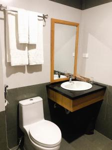 een badkamer met een toilet, een wastafel en een spiegel bij Hoài Thương Hotel in Pleiku