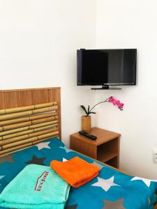 a bedroom with a bed and a flat screen tv at Pension Haus Baron 4 Mühlheim in Mühlheim
