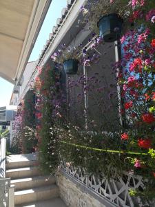 een tuin met bloemen aan de zijkant van een gebouw bij Le Dauphin Bleu in Saintes-Maries-de-la-Mer